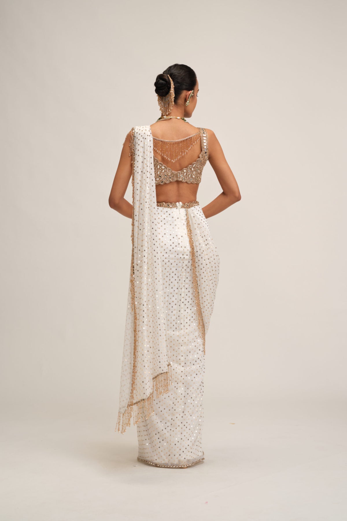 Off White Sequins Embroidered Saree Set