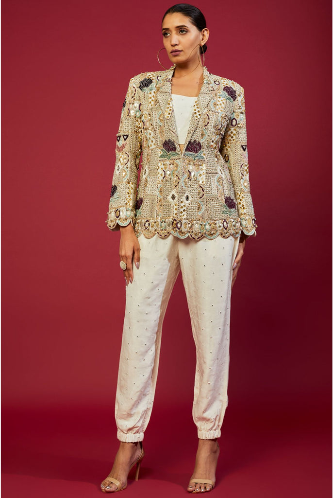 OFFWHITE GEORGETTE EMBROIDERED BLAZER WITH ABLA SILK BUSTIER AND JOGGER PANT