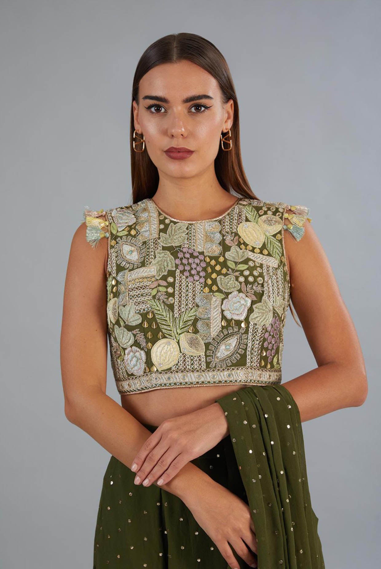 Olive Green Embroidered Top And Low Crotch Pant With Attached Drape