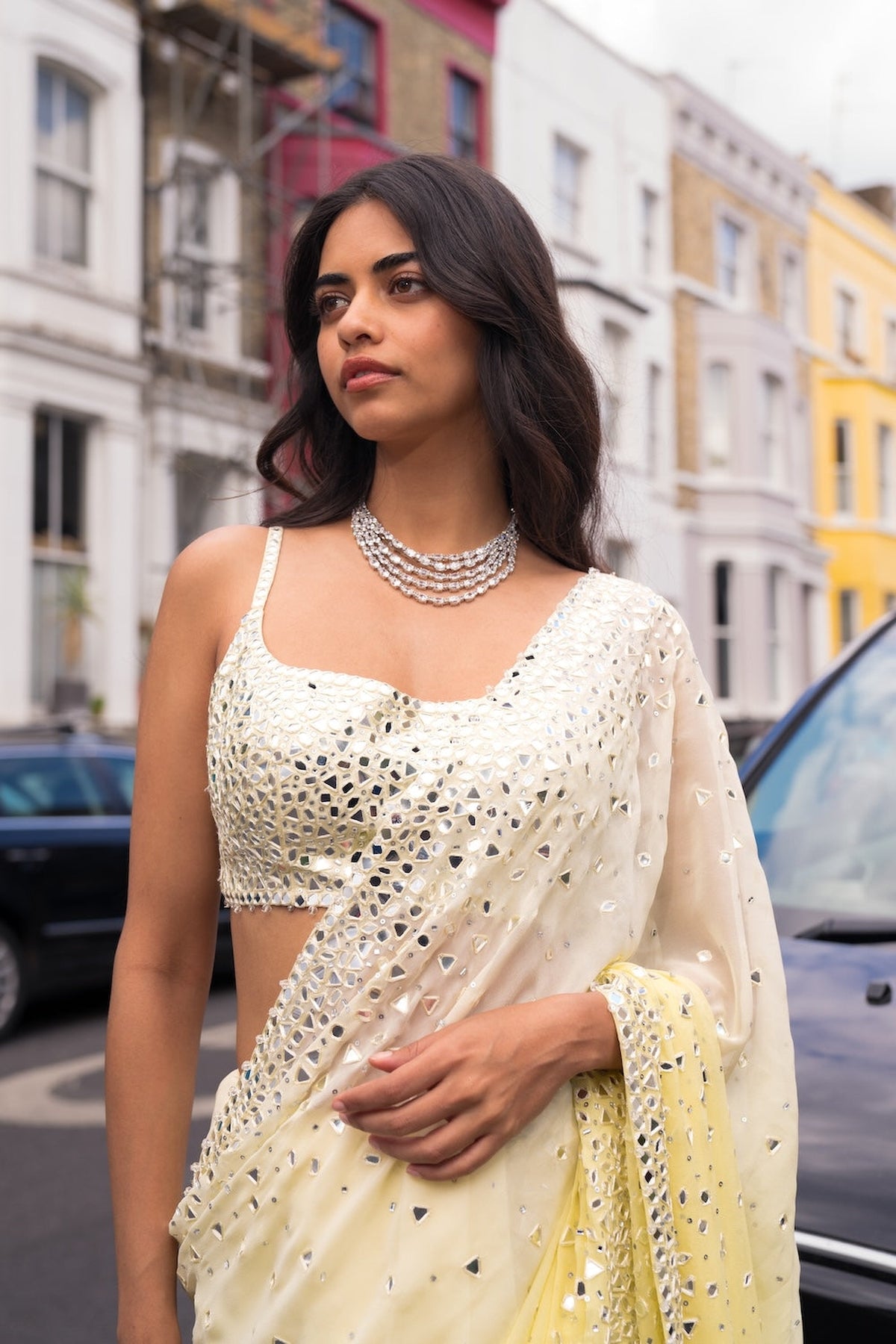 OmbrÃ© Lemon Mirror Work Saree