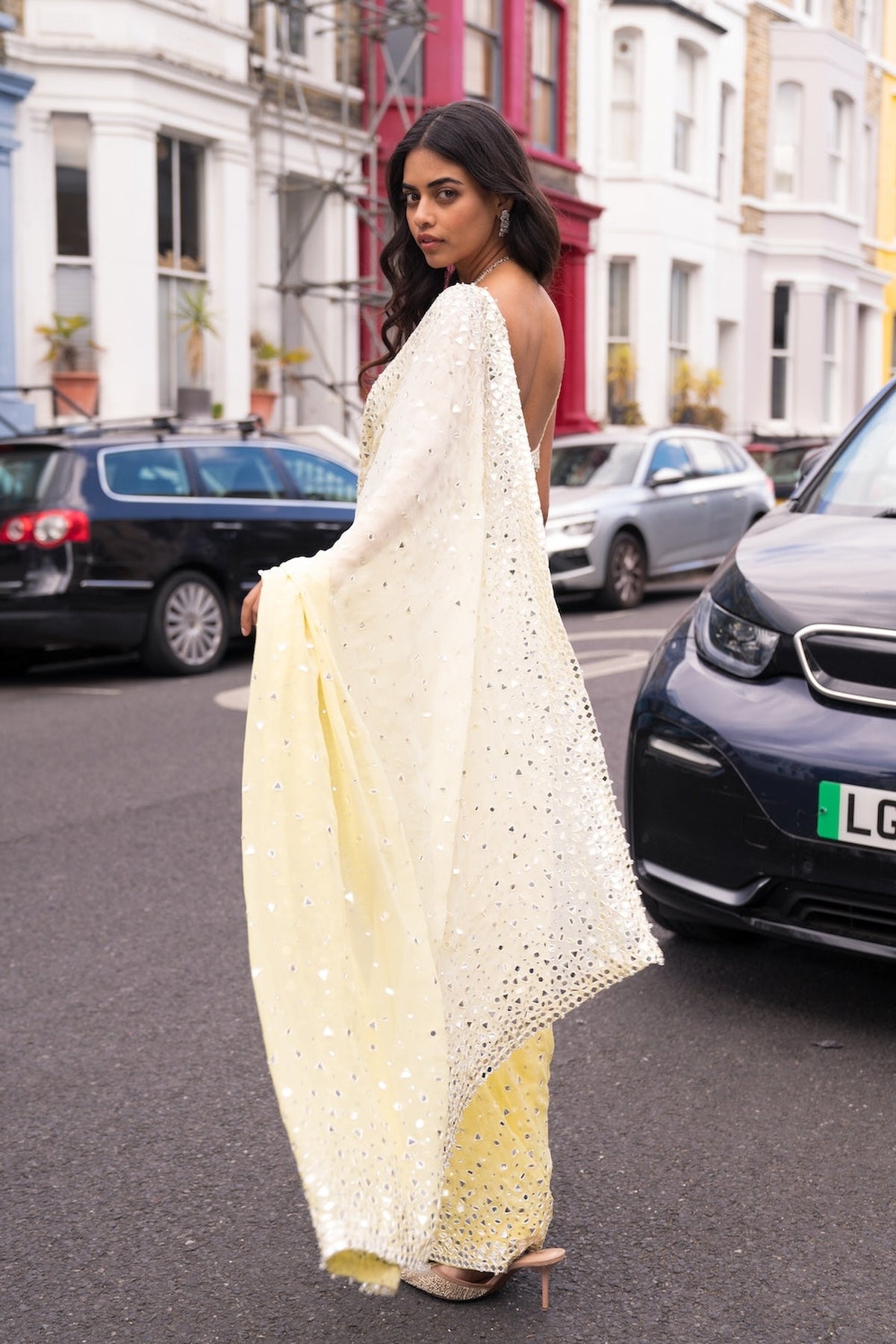 OmbrÃ© Lemon Mirror Work Saree