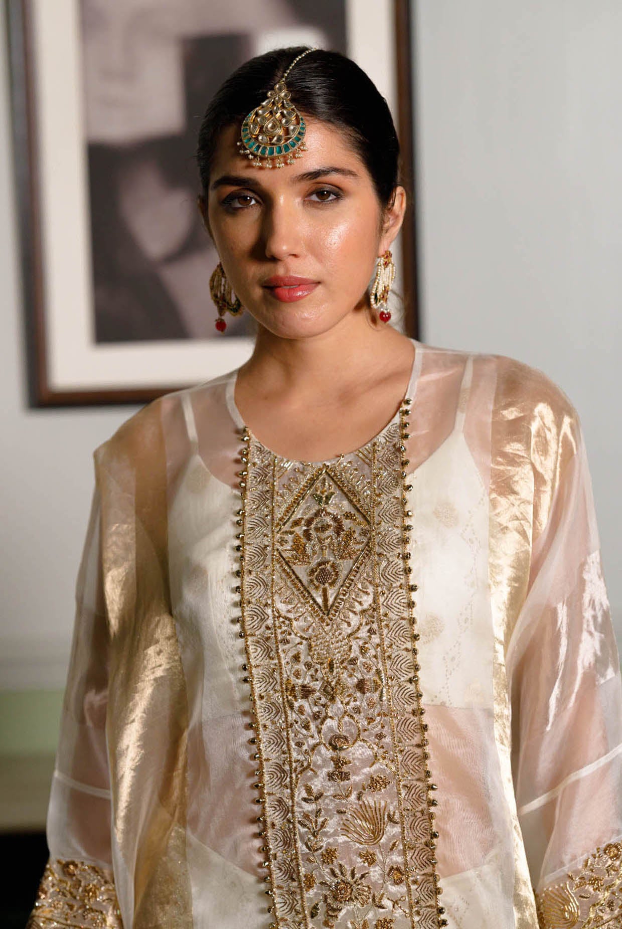 Parhez Gold Embroidered Tunic With Bustier And Palazzo