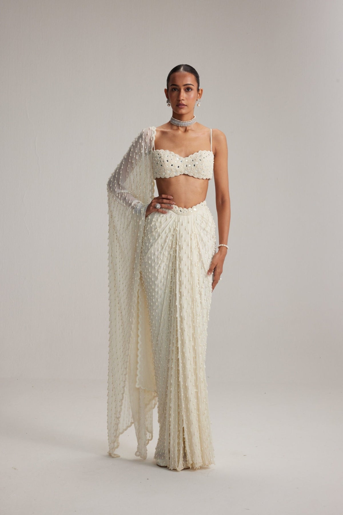 Off White Dense Drop Draped Skirt set- Ready to ship