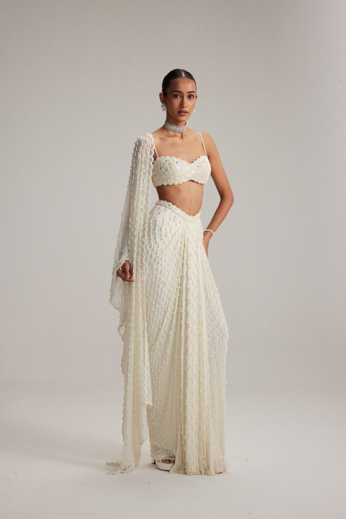 Off White Dense Drop Draped Skirt set- Ready to ship