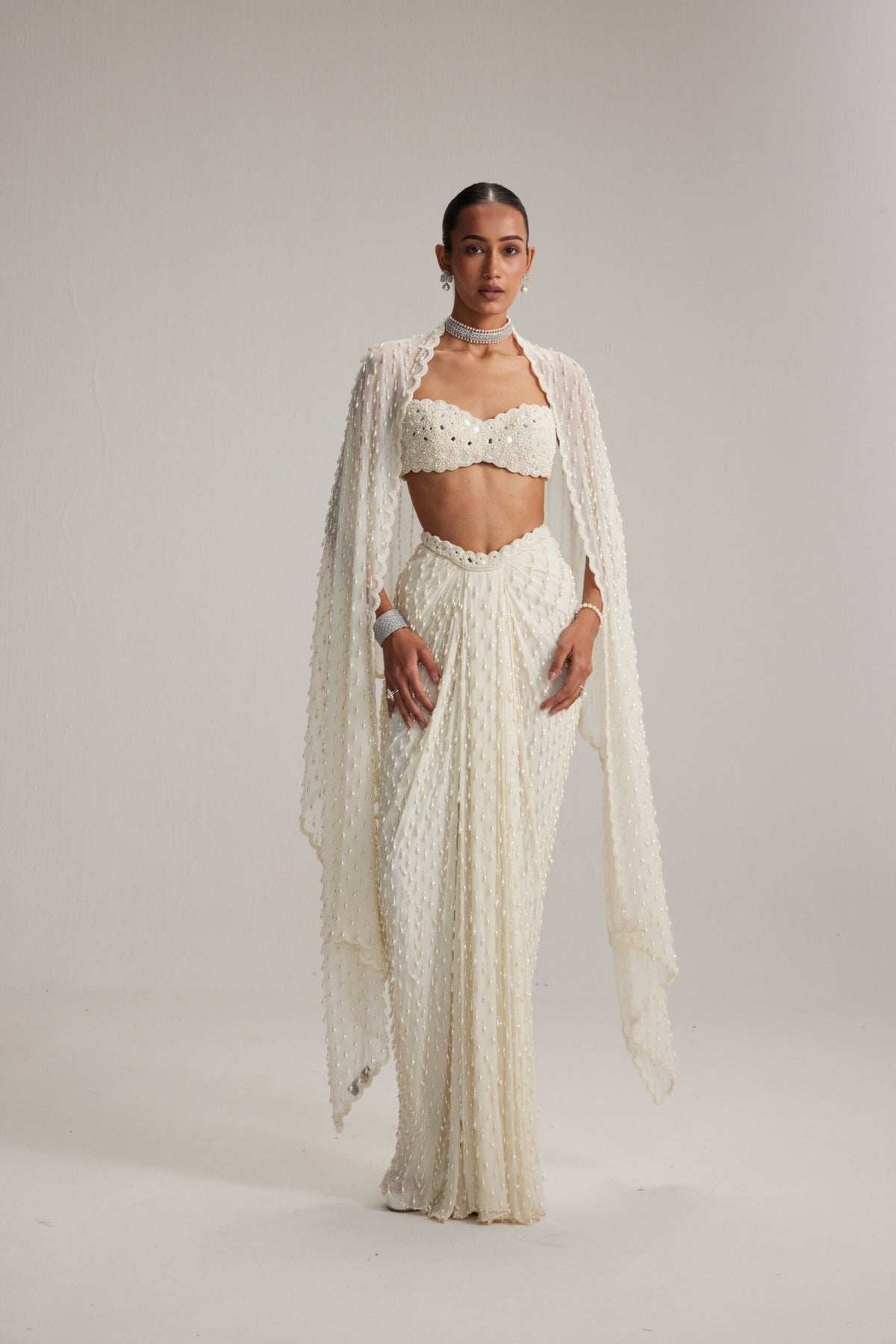 Off White Dense Drop Draped Skirt set- Ready to ship