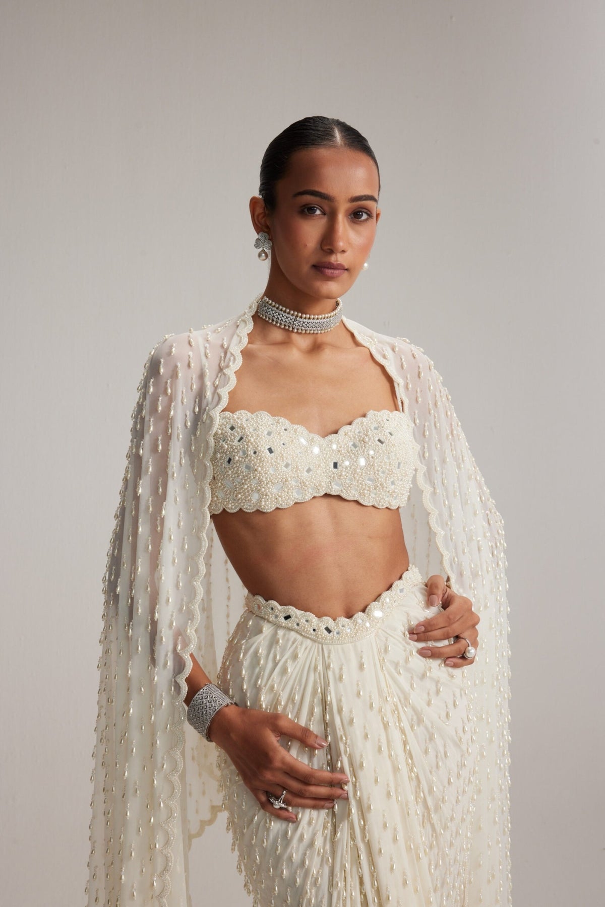 Off White Dense Drop Draped Skirt set- Ready to ship