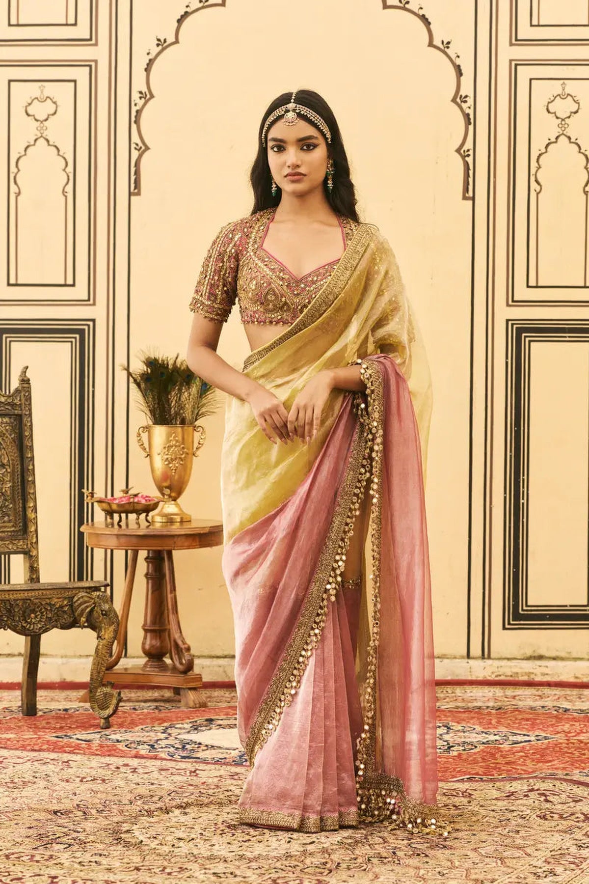 Peela-Gulabi Tissue Zardosi Saree Set