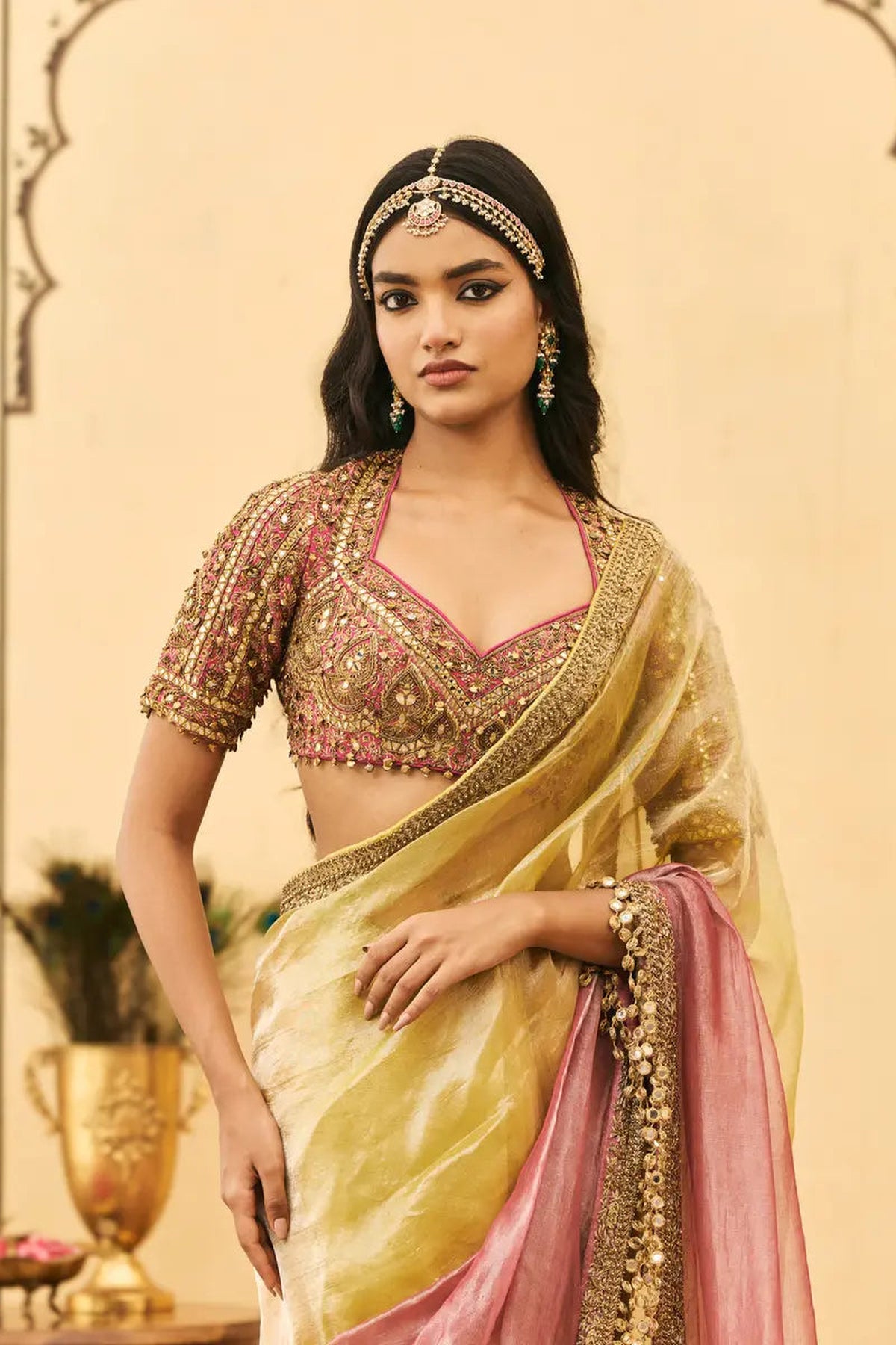 Peela-Gulabi Tissue Zardosi Saree Set