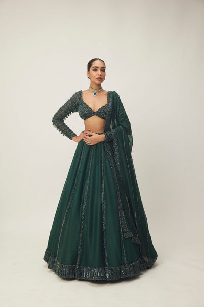 Dark Jade Green Organza Lehenga Set- Ready to ship