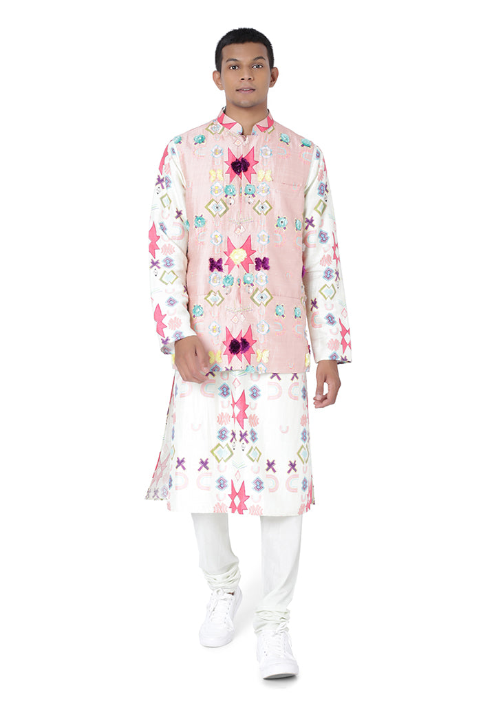 PINK COLOUR PRINTED DUPION SILK BANDI WITH WHITE COLOUR PRINTED SILKMUL KURTA AND OFF WHITE COLOUR COTTON SILK CHURIDAR
