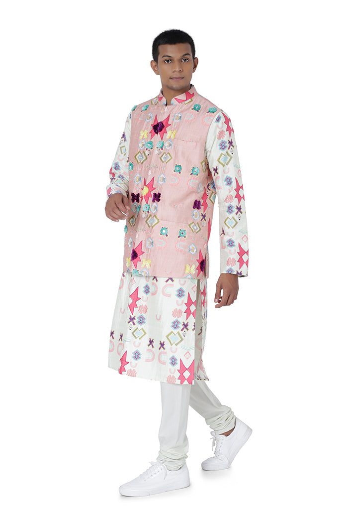 PINK COLOUR PRINTED DUPION SILK BANDI WITH WHITE COLOUR PRINTED SILKMUL KURTA AND OFF WHITE COLOUR COTTON SILK CHURIDAR