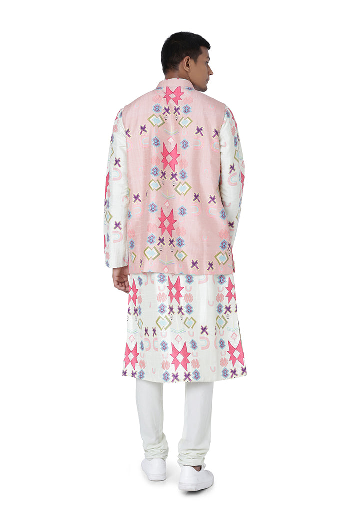 PINK COLOUR PRINTED DUPION SILK BANDI WITH WHITE COLOUR PRINTED SILKMUL KURTA AND OFF WHITE COLOUR COTTON SILK CHURIDAR
