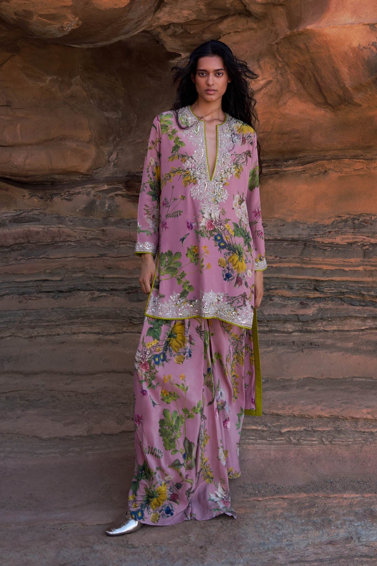 Pink Crystal Printed High Low Kurta Skirt Set