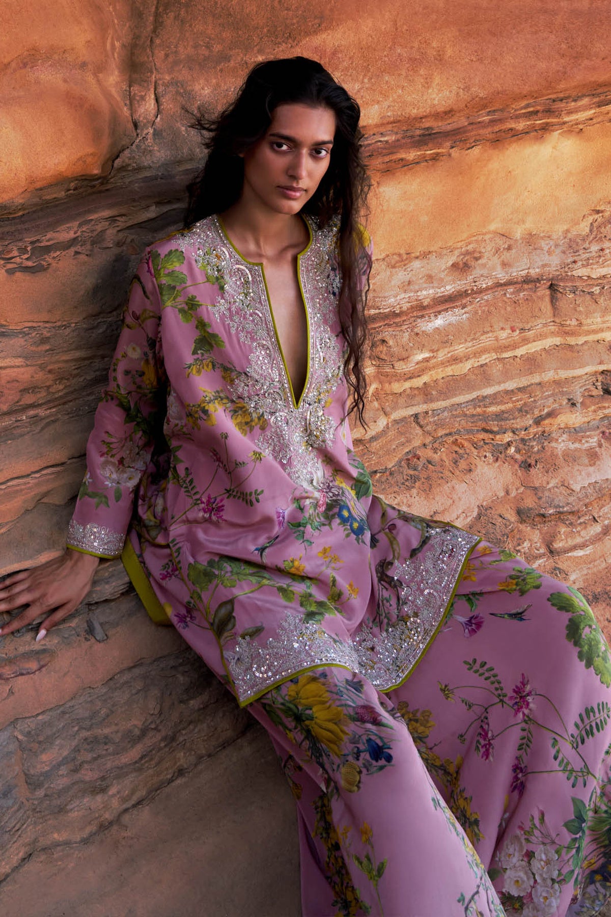 Pink Crystal Printed High Low Kurta Skirt Set
