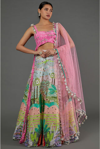 PINK KITE PRINT GEORGETTE EMBROIDERED BUSTIER AND TROPICAL PRINT DUPION SILK EMBROIDERED LEHENGA WITH PINK MUKAISH NET DUPATTA