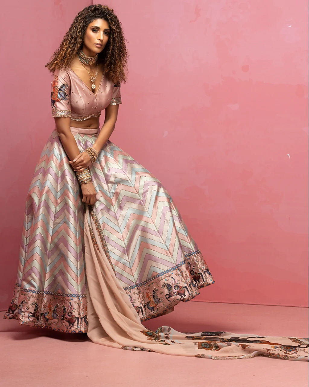 Multicolor Printed And Embroidered Lehenga Set