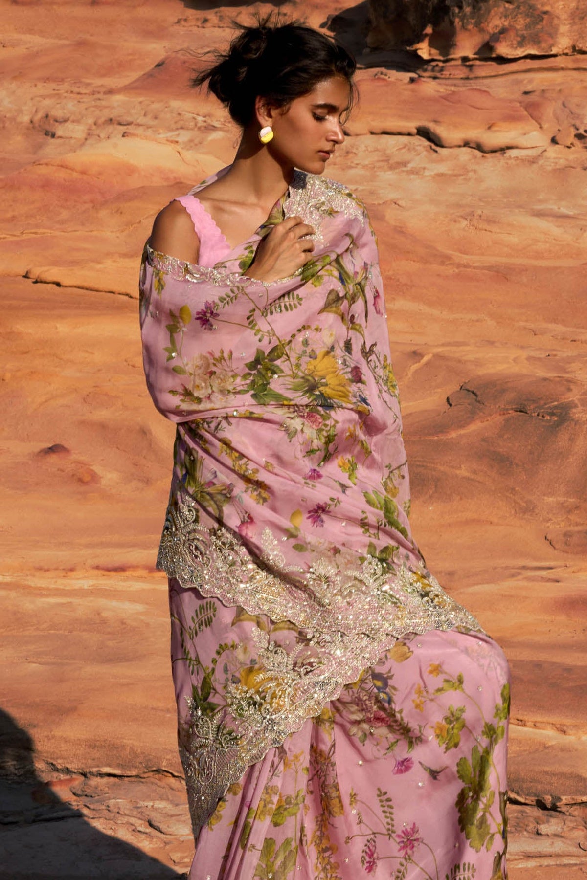 Pink Printed Shar Saree Set
