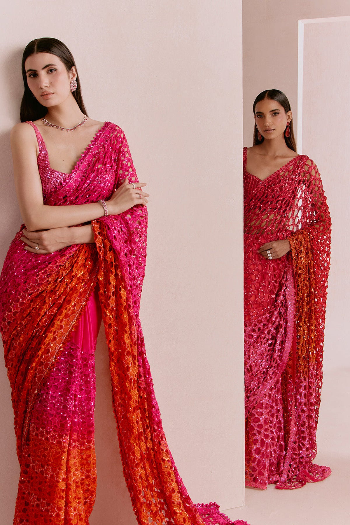 pink to orange cutwork saree set