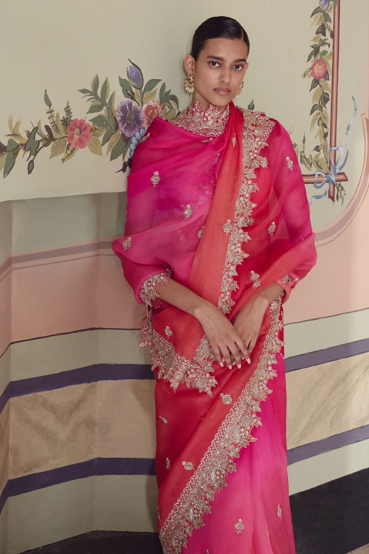 Pink To Red Ombre Sharmaine Saree Set