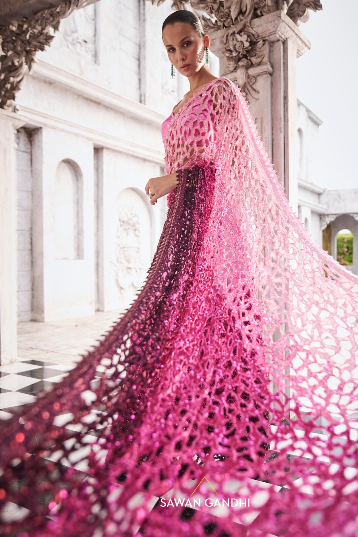 Pink to wine ombre saree