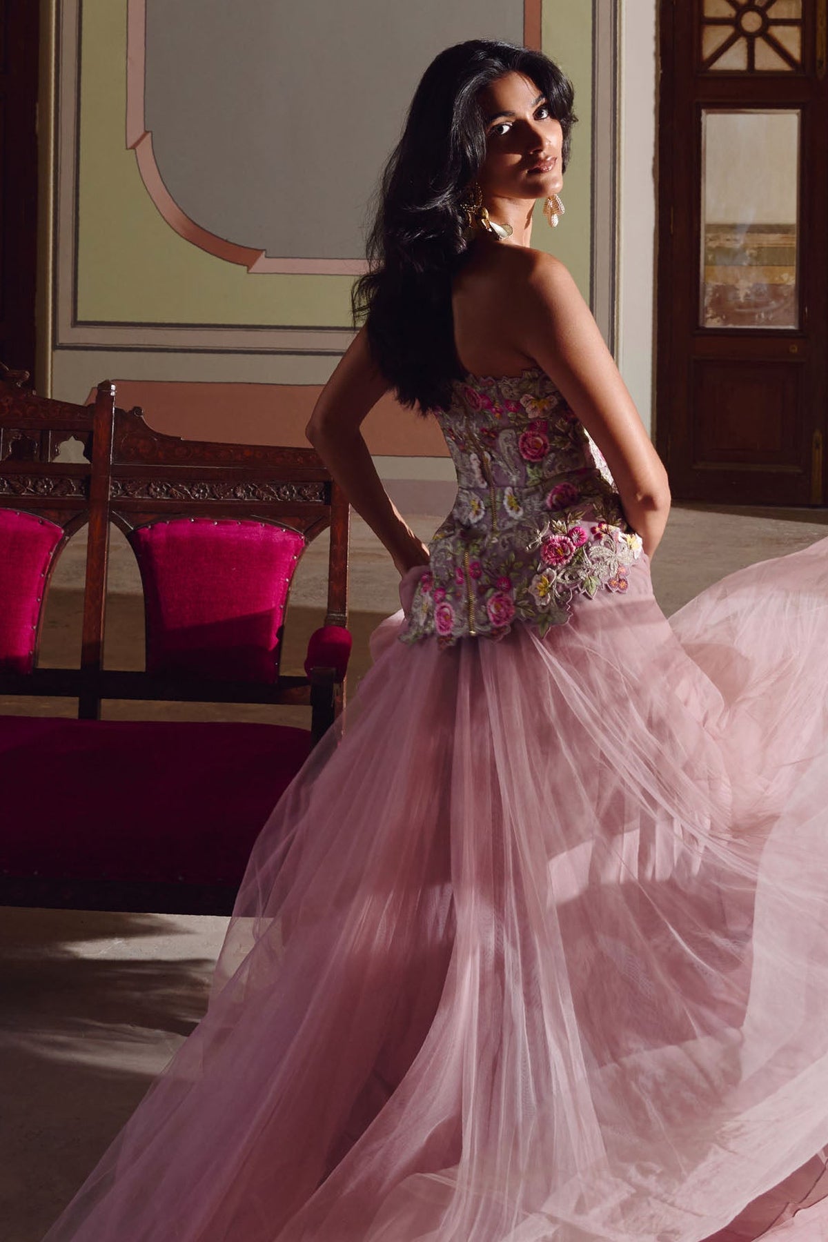 Pink Umang Tube Peplum Top With Skirt