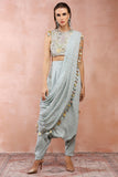 POWDER BLUE APPLIQUE EMBROIDERED CHOLI AND LOW CROTCH PANT WITH ATTACHED DRAPE