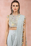 POWDER BLUE APPLIQUE EMBROIDERED CHOLI AND LOW CROTCH PANT WITH ATTACHED DRAPE