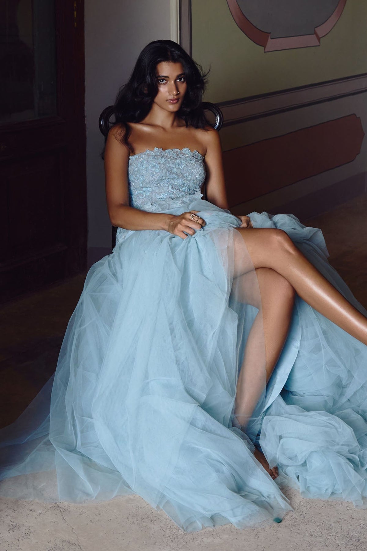Powder Blue Dori Embroidery Cutwork Tube Peplum Skirt Set