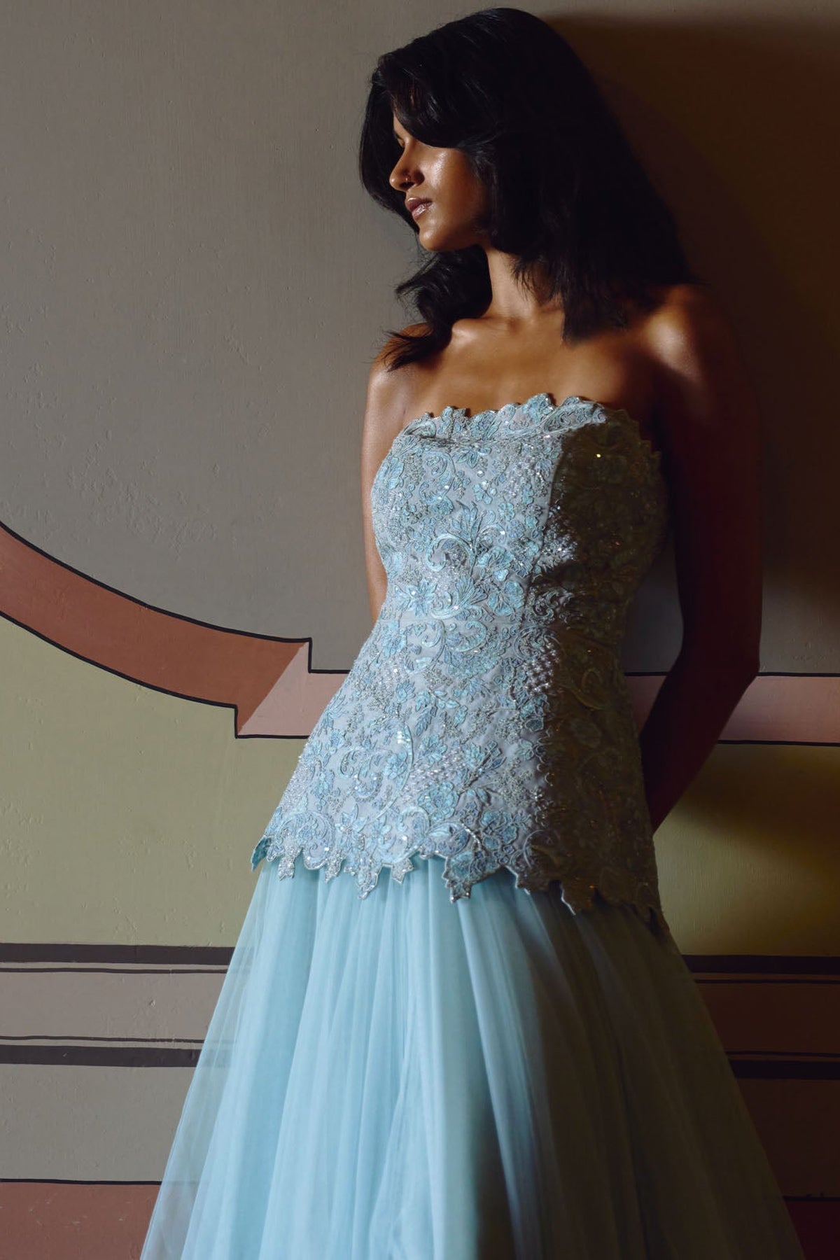 Powder Blue Dori Embroidery Cutwork Tube Peplum Skirt Set