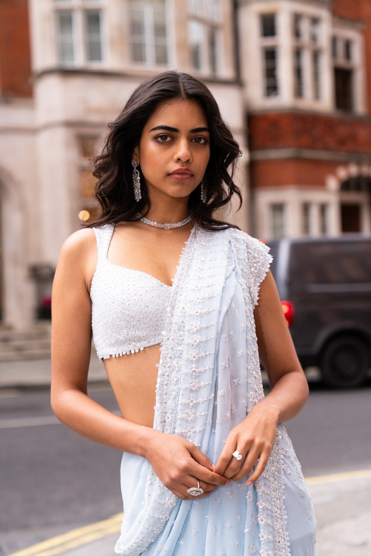 Powder Blue OmbrÃ© Sequin Saree