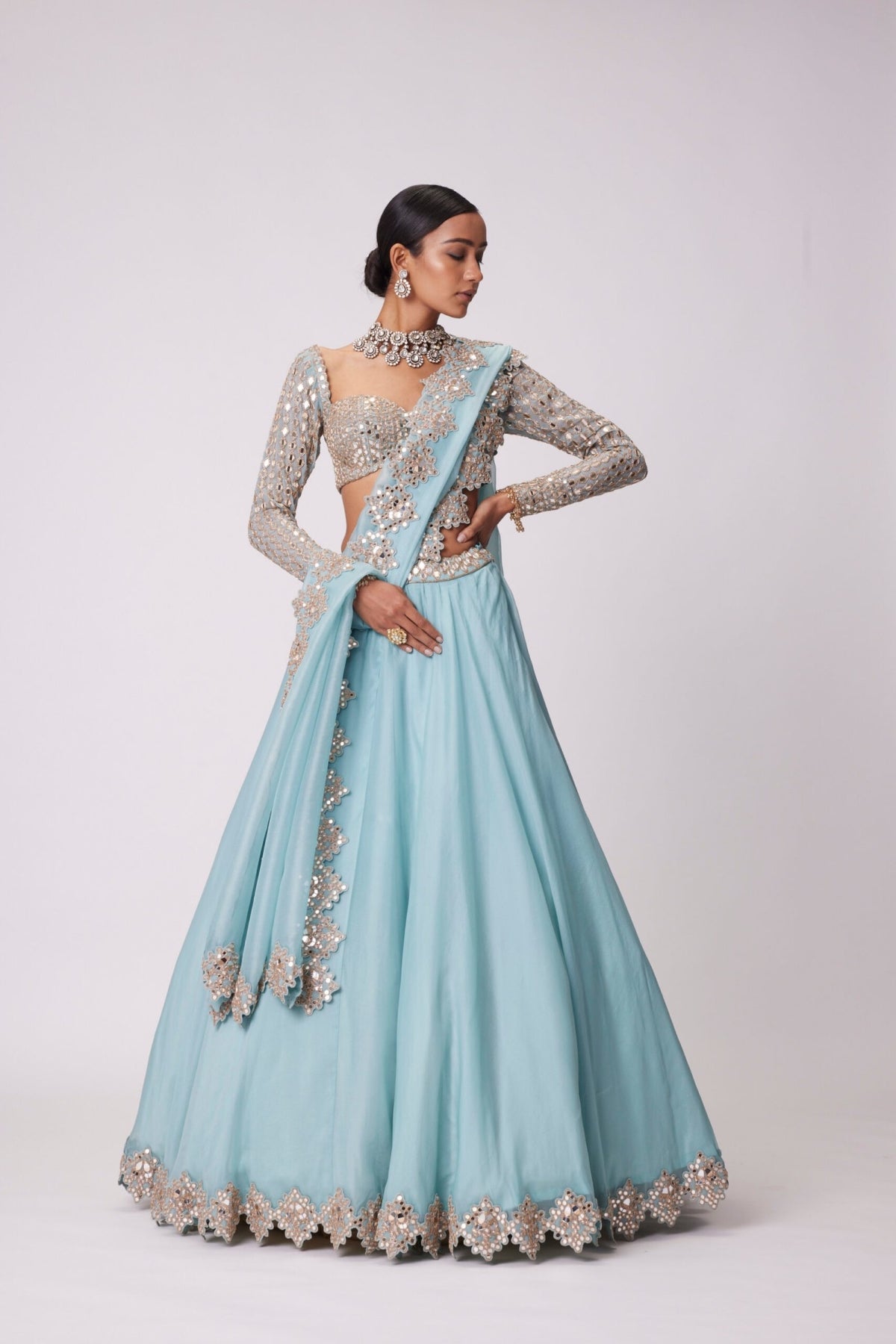 Powder Blue Organza Mirror Embroidered Lehenga Set- Ready to ship
