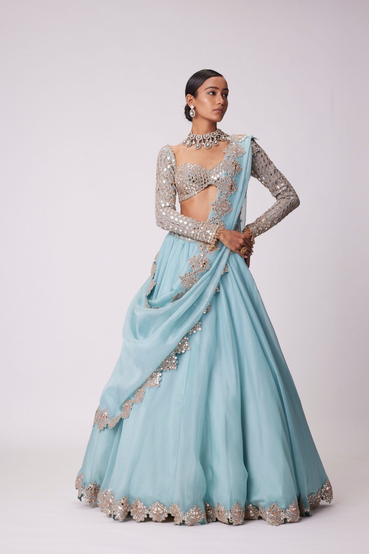 Powder Blue Organza Mirror Embroidered Lehenga Set- Ready to ship