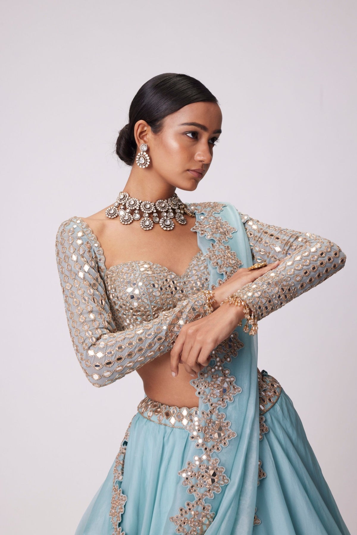 Powder Blue Organza Mirror Embroidered Lehenga Set- Ready to ship