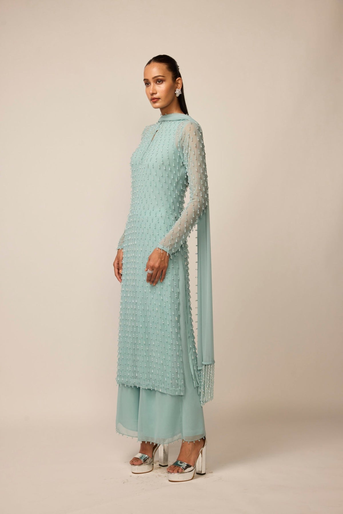Powder Blue Pearl Drop Kurta Set