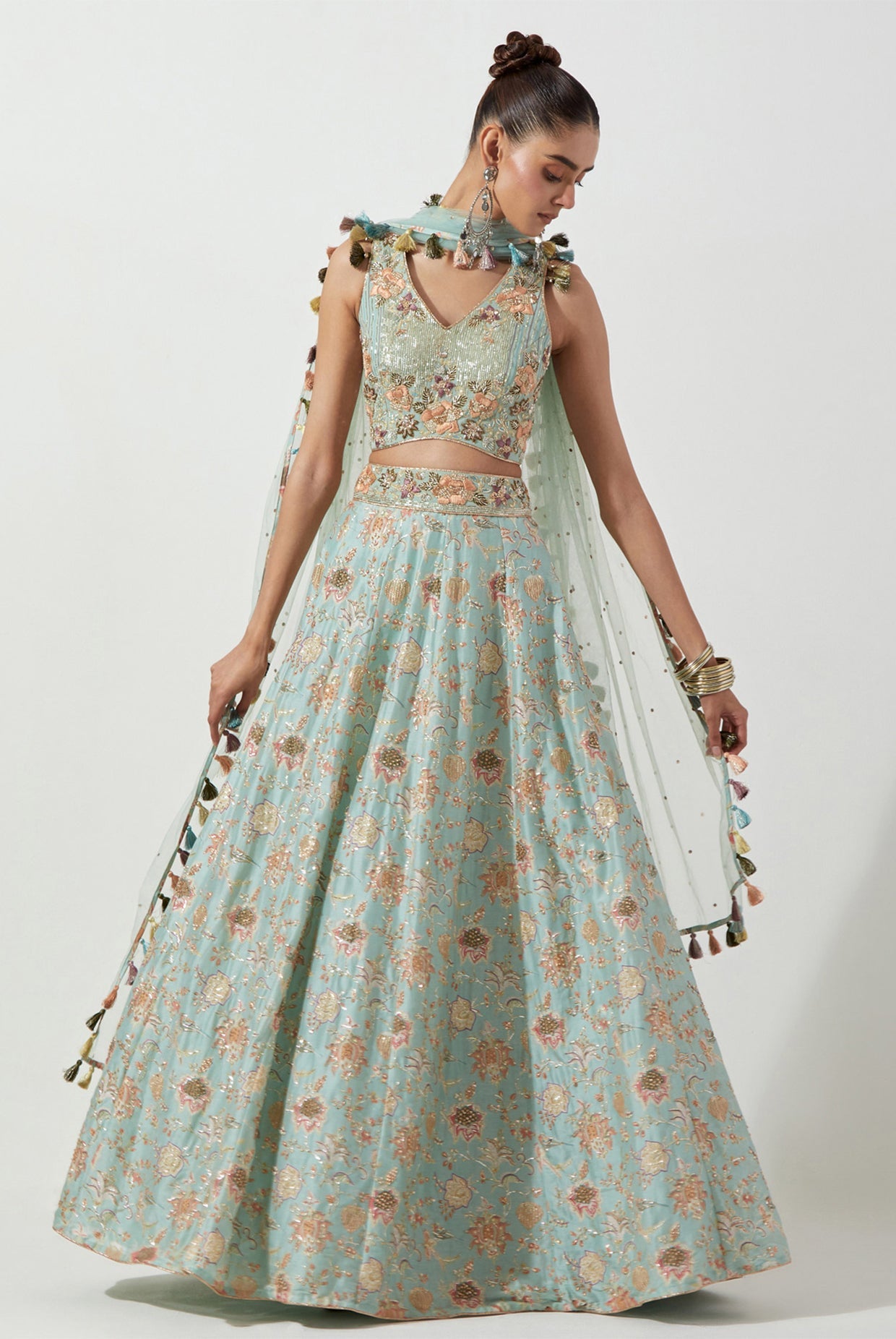 POWDER BLUE PRINTED CHOLI AND LEHENGA WITH MUKAISH NET DUPATTA