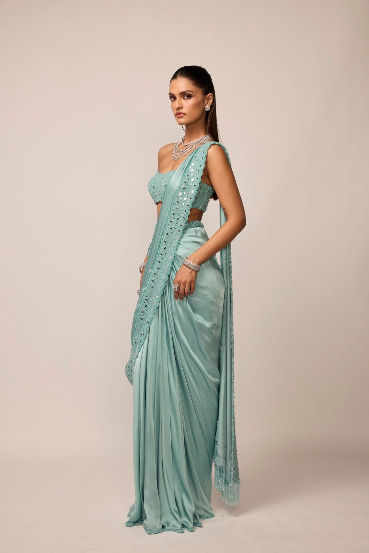 Powder Blue Satin Draped Saree Set