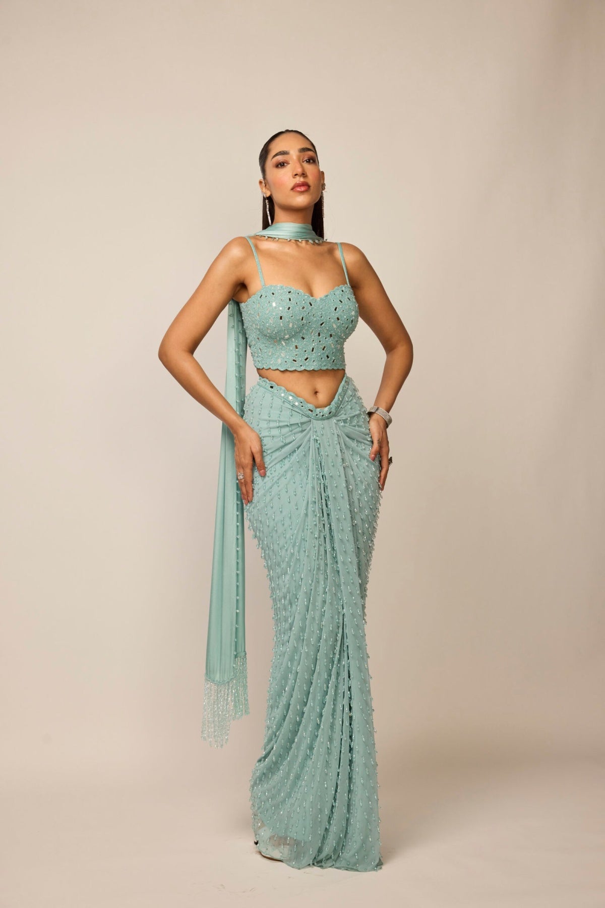 Powder Blue Single Drop Draped Skirt Set