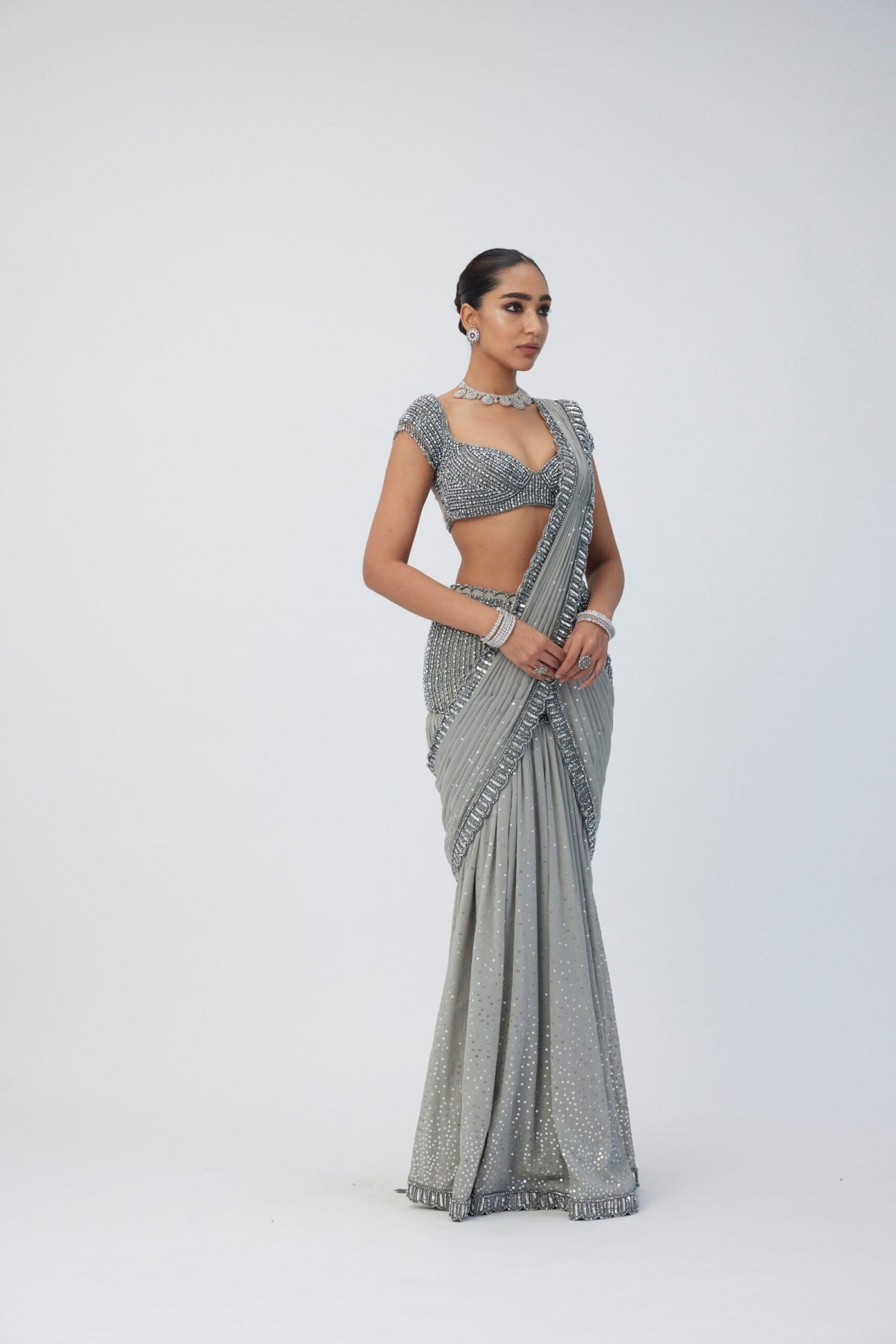 Crystal Grey Pre Draped Saree Set- Ready to ship