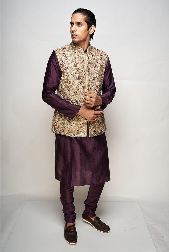 PS MEN SIKANDER OLIVE COLOUR EMBROIDERED BANDI WITH PURPLE COLOUR KURTA AND CHURIDAR