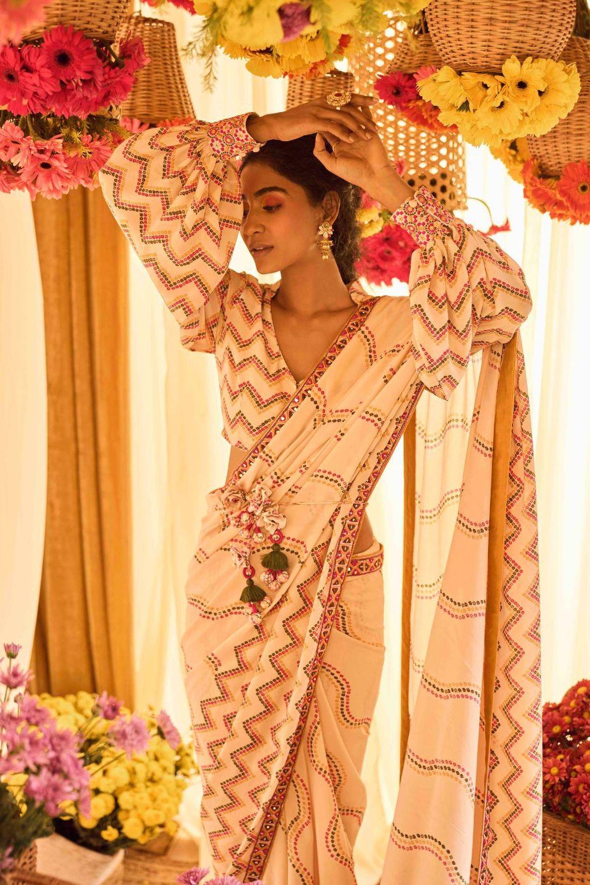 Blush Pink Printed Saree With Cuff Sleeve Blouse