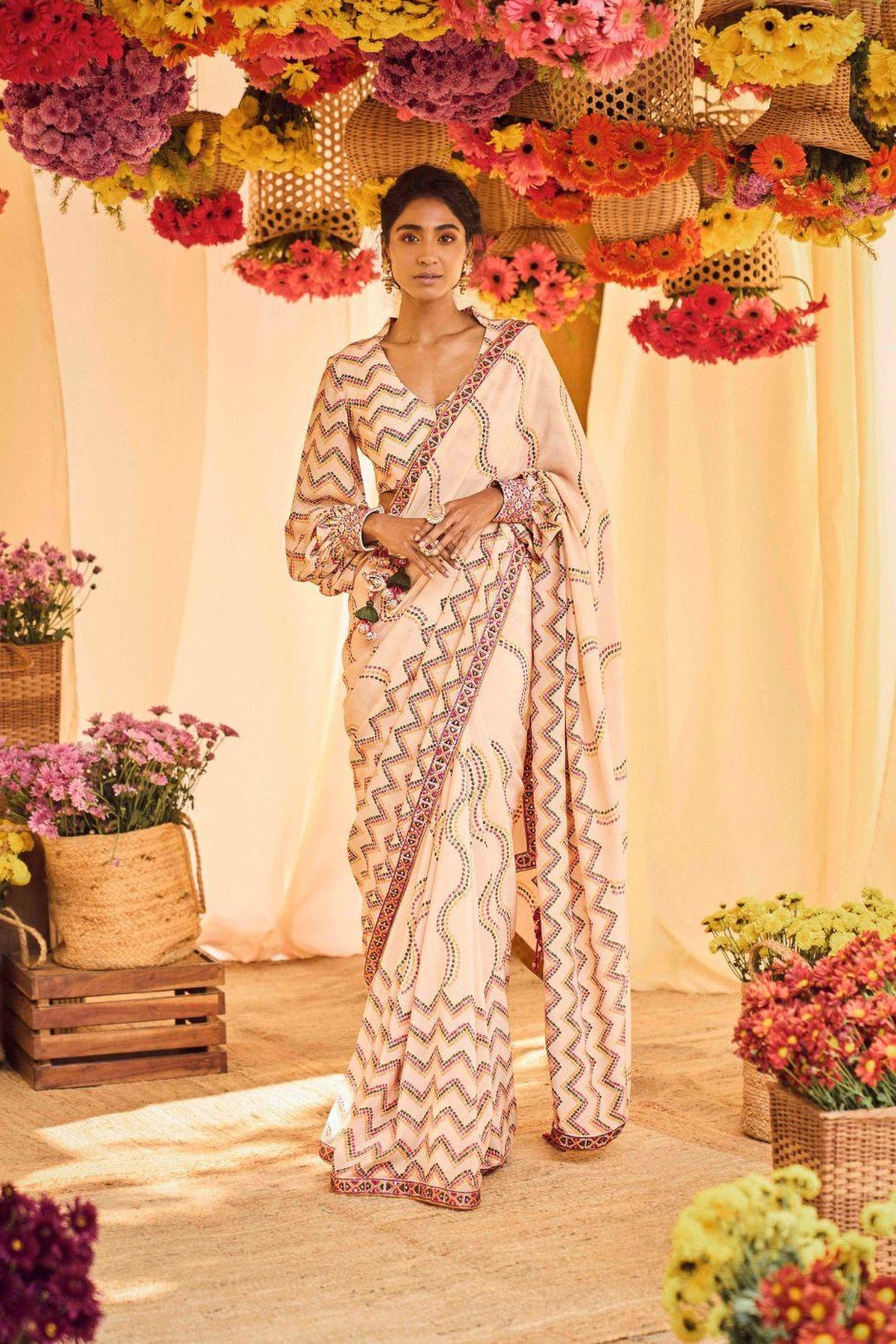 Blush Pink Printed Saree With Cuff Sleeve Blouse