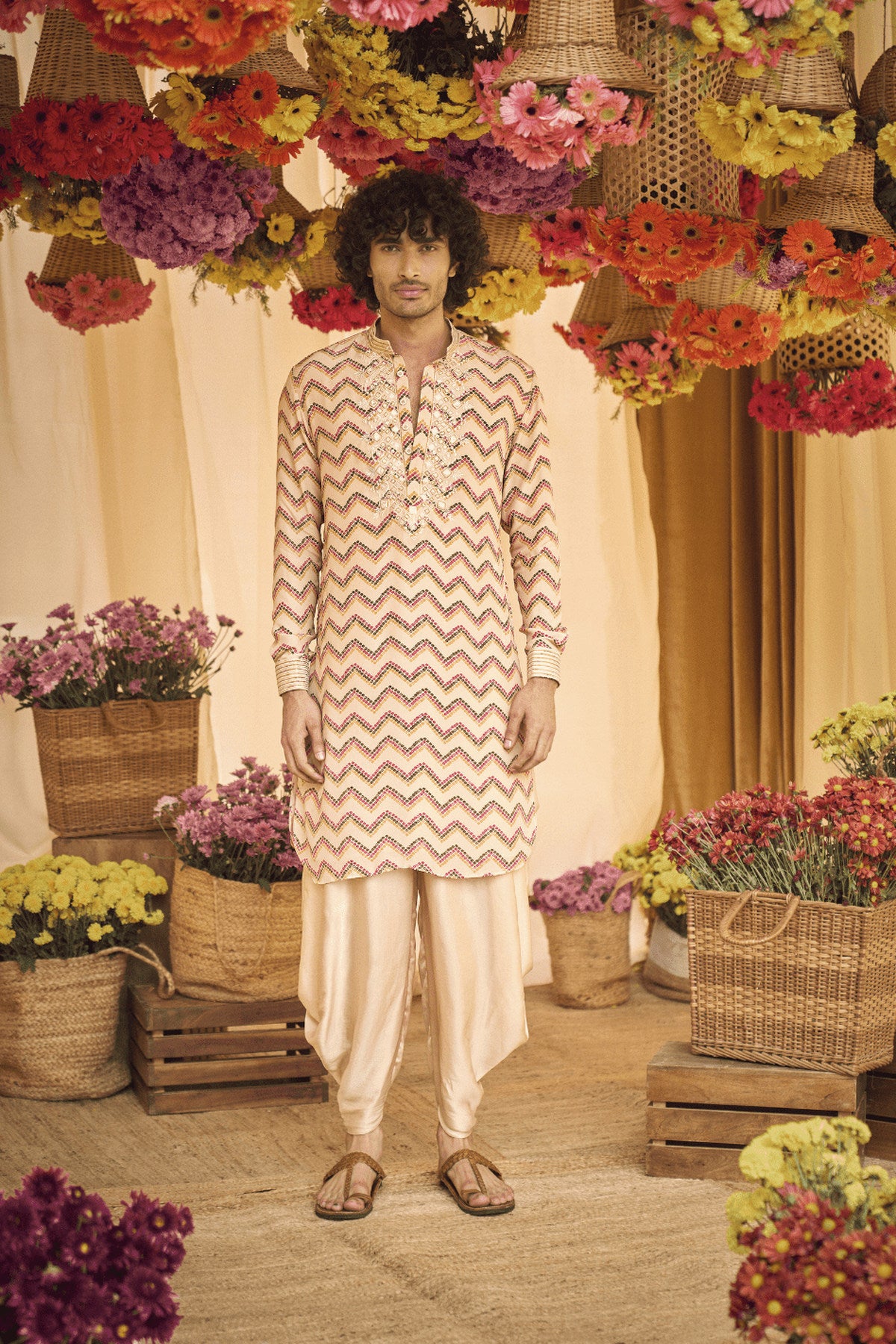 Blush Pink Resham Kurta With Cowl Pants Set