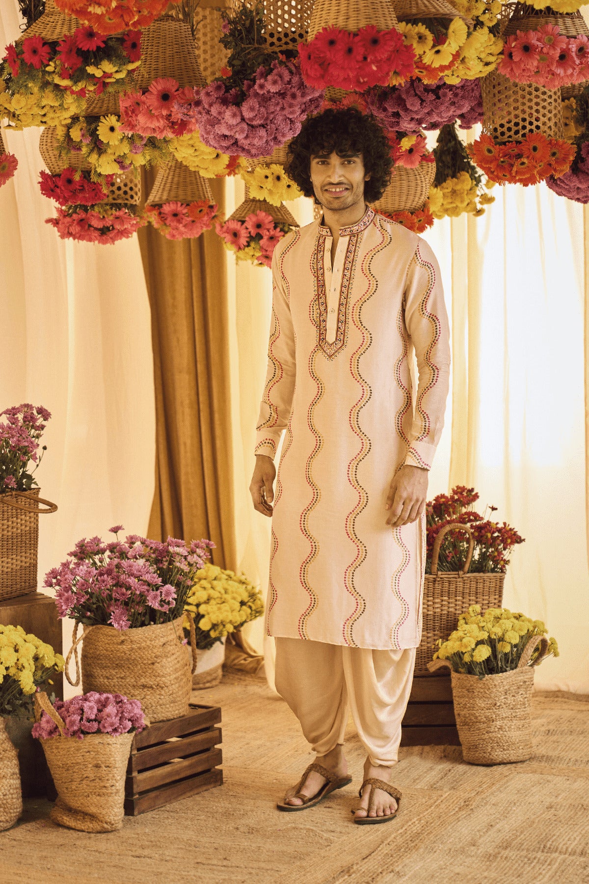Blush Pink Resham Kurta With Cowl Pants Set