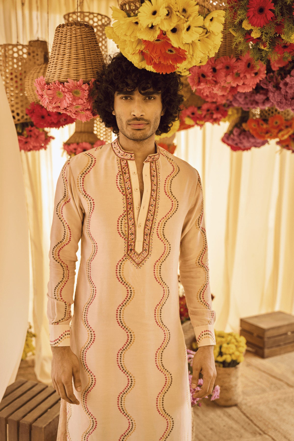 Blush Pink Resham Kurta With Cowl Pants Set