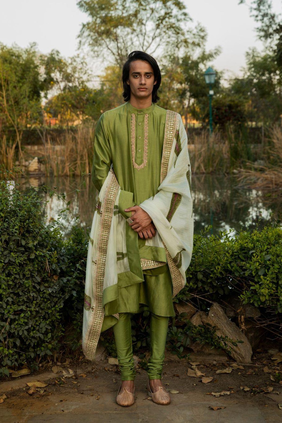 Dark Green Kurta With Churidar And Marodi Work Stole