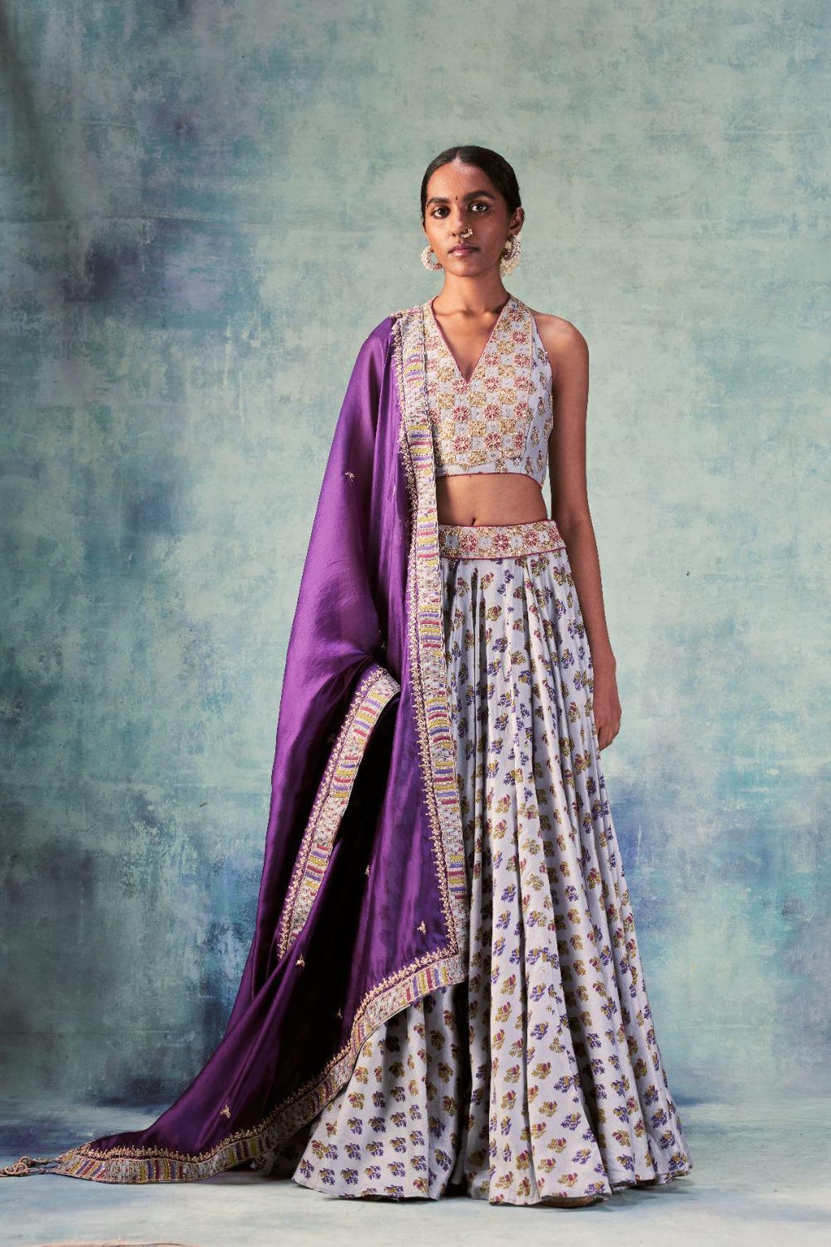 Grey Printed Lehenga Paired With Halter Neck Blouse & Dupatta