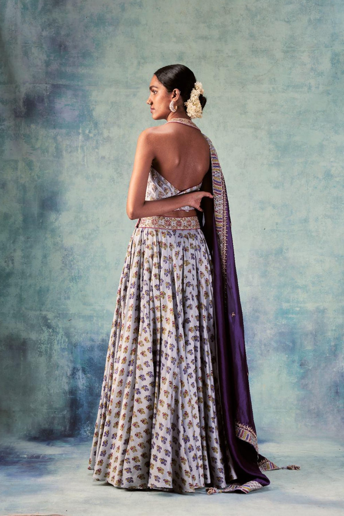 Grey Printed Lehenga Paired With Halter Neck Blouse & Dupatta