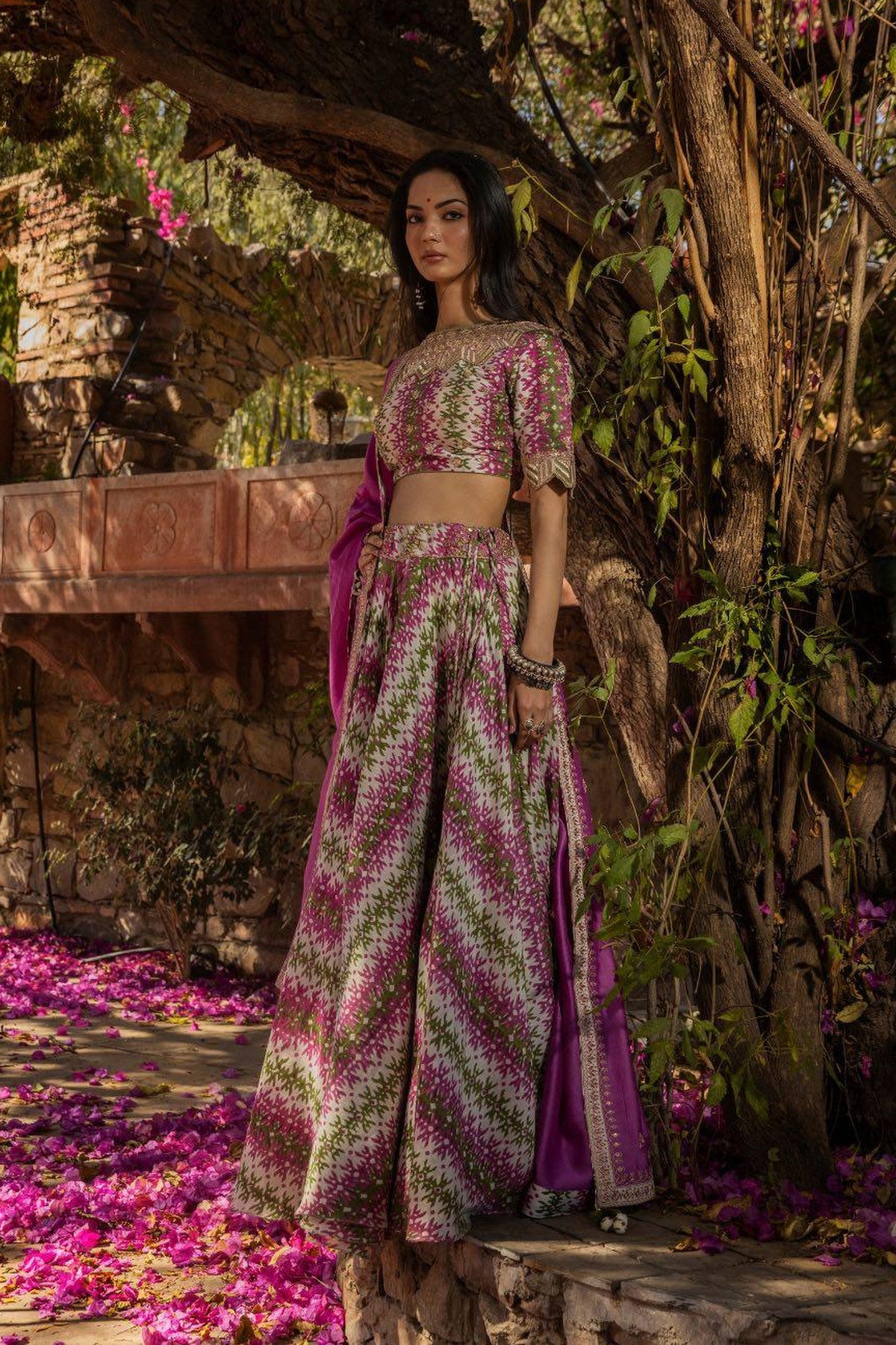 Hand Work Blouse With Printed Lehenga And Dupatta
