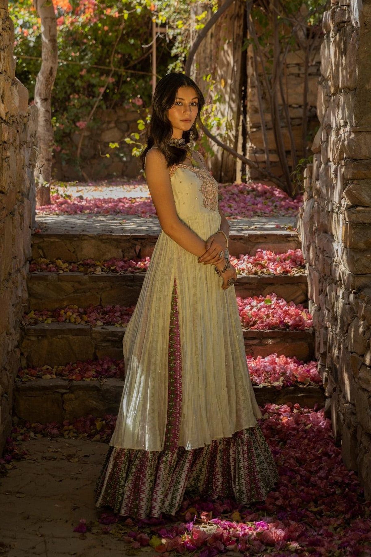 Hand Work Crushed Strappy Kurti With Sharara