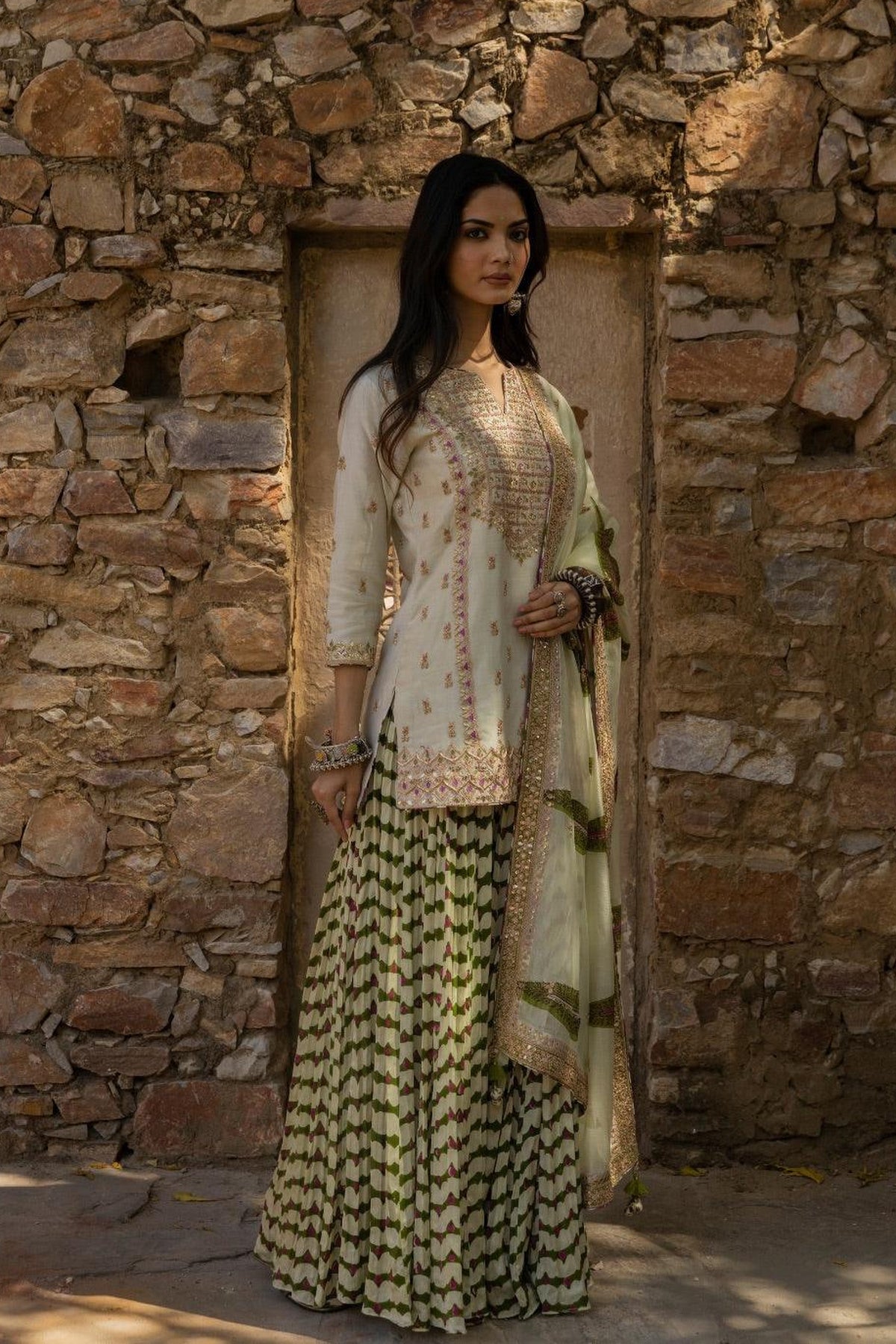 Hand Work Short Kurti With Sharara And Dupatta